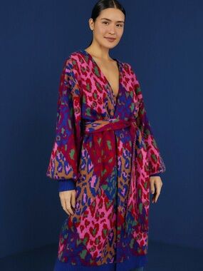 FARM Rio Multicolor Pink Red Blue Green Wool Blend Wrap Cardigan